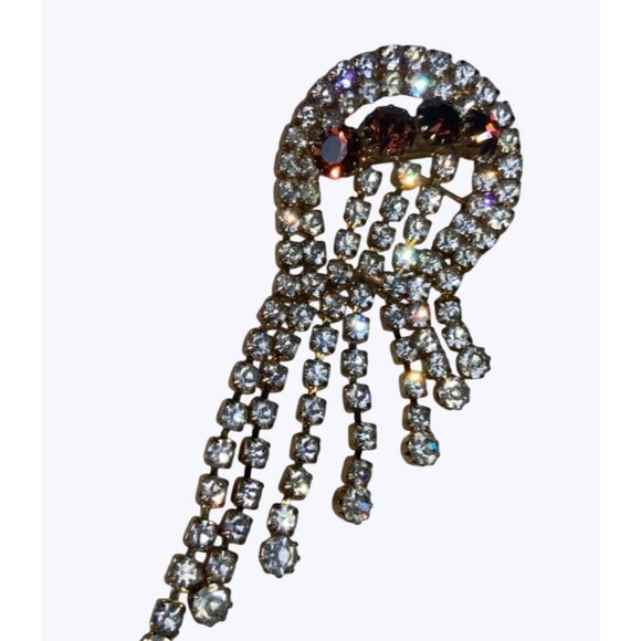 Rhinestone Brooch With Cascading Clear and Amber Crystals Vintage - Picture 14 of 16